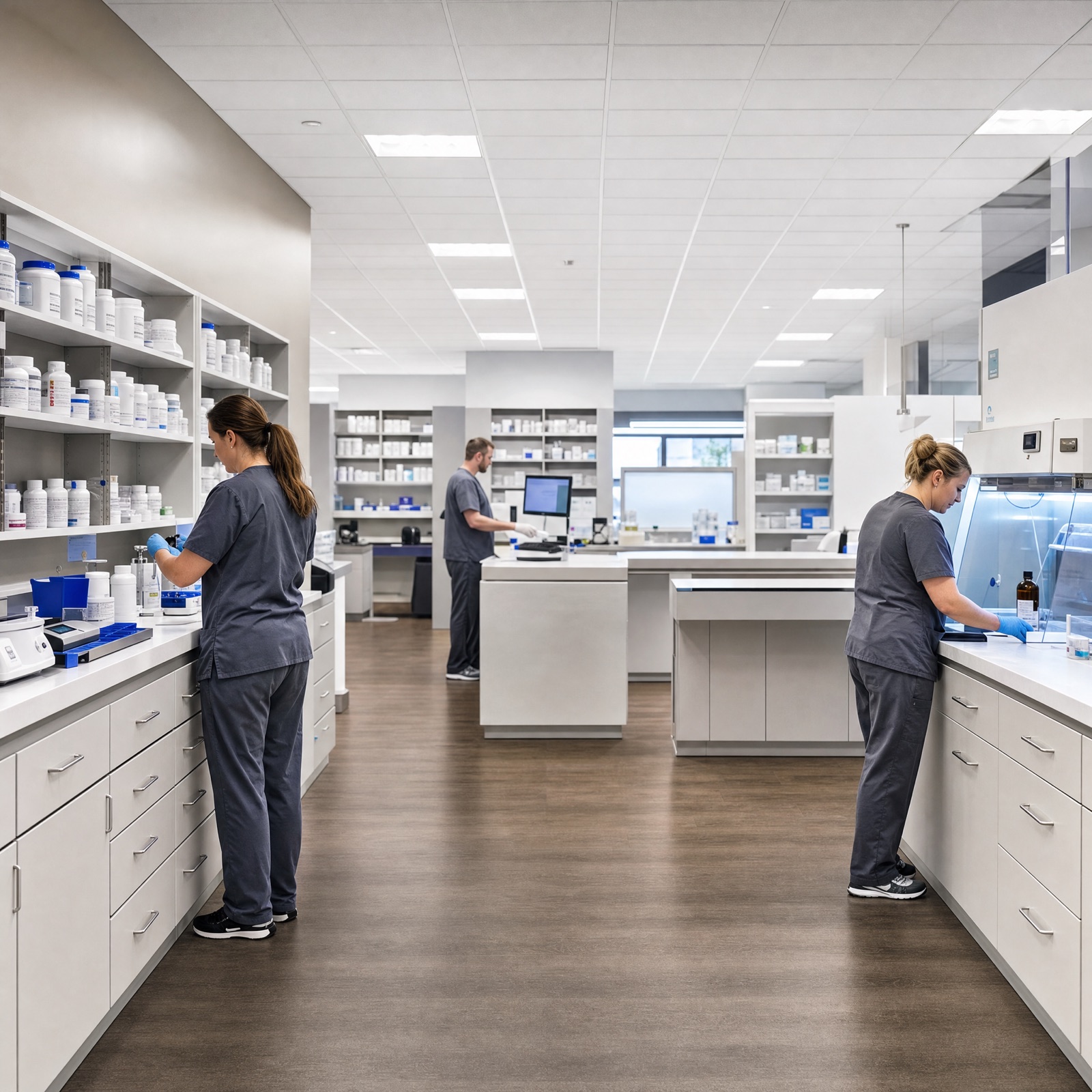 Pharmacists preparing prescriptions inside a licensed US compounding pharmacy